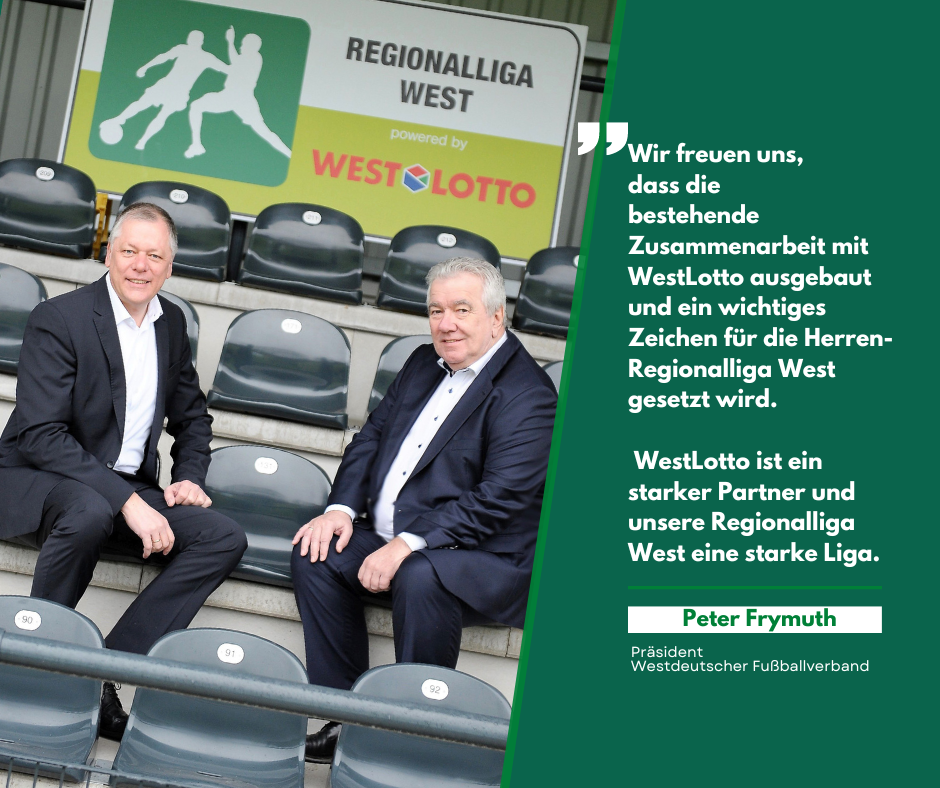 WestLotto-Geschäftsführer Andreas Kötter (links) und Peter Frymuth, Präsident des Westdeutschen Fußballverbandes, besiegeln die Kooperation zur Herren-Regionalliga West.